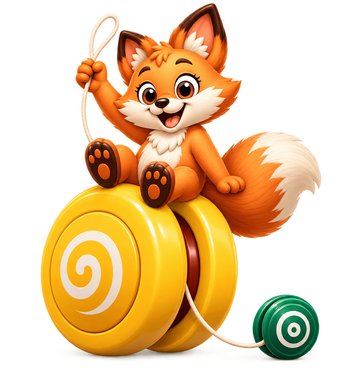 Fuchs-Maskottchen von YoYoKids sitzt lachend auf einem großen gelben Yo-Yo