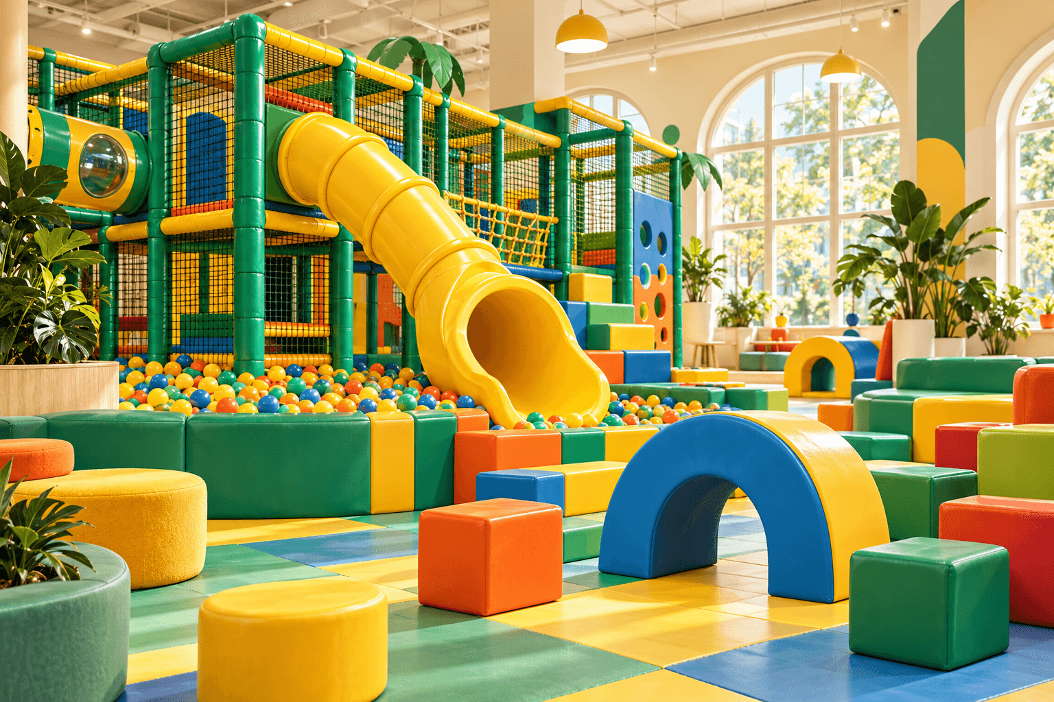 Helle Indoor-Spielwelt mit Klettergerüst, gelber Rutsche, Bällebad und weichen Bausteinen